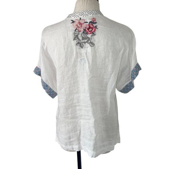 Johnny Was Womens Top Size Small White Embroidered Floral Casual Pure Linen - Picture 3 of 12